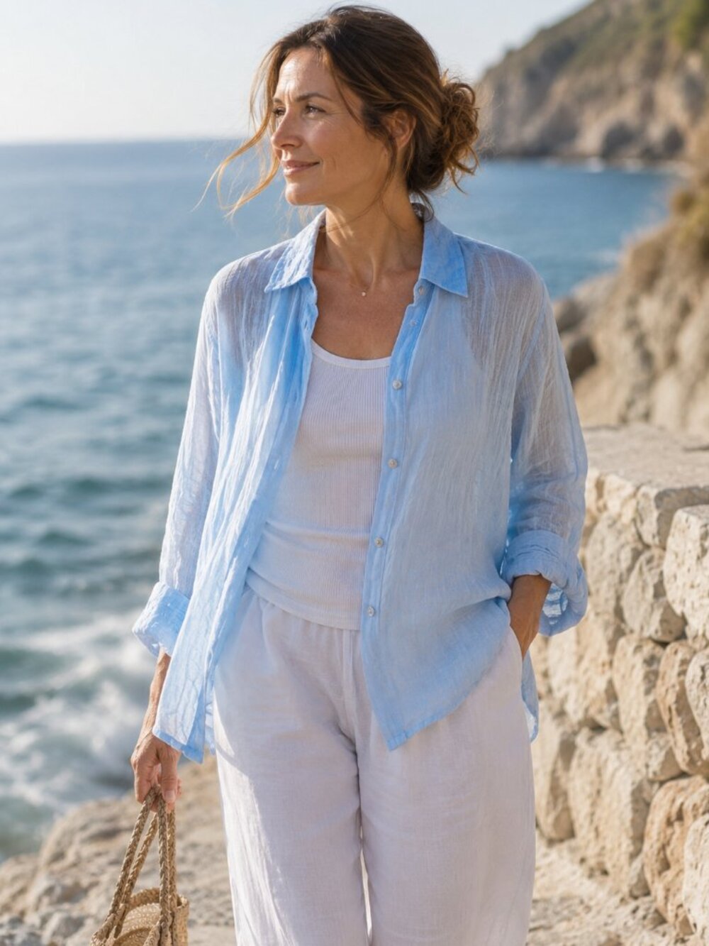 Hervé Bernard 100% Linen Sheer Button Front Shirt Sky Blue XL